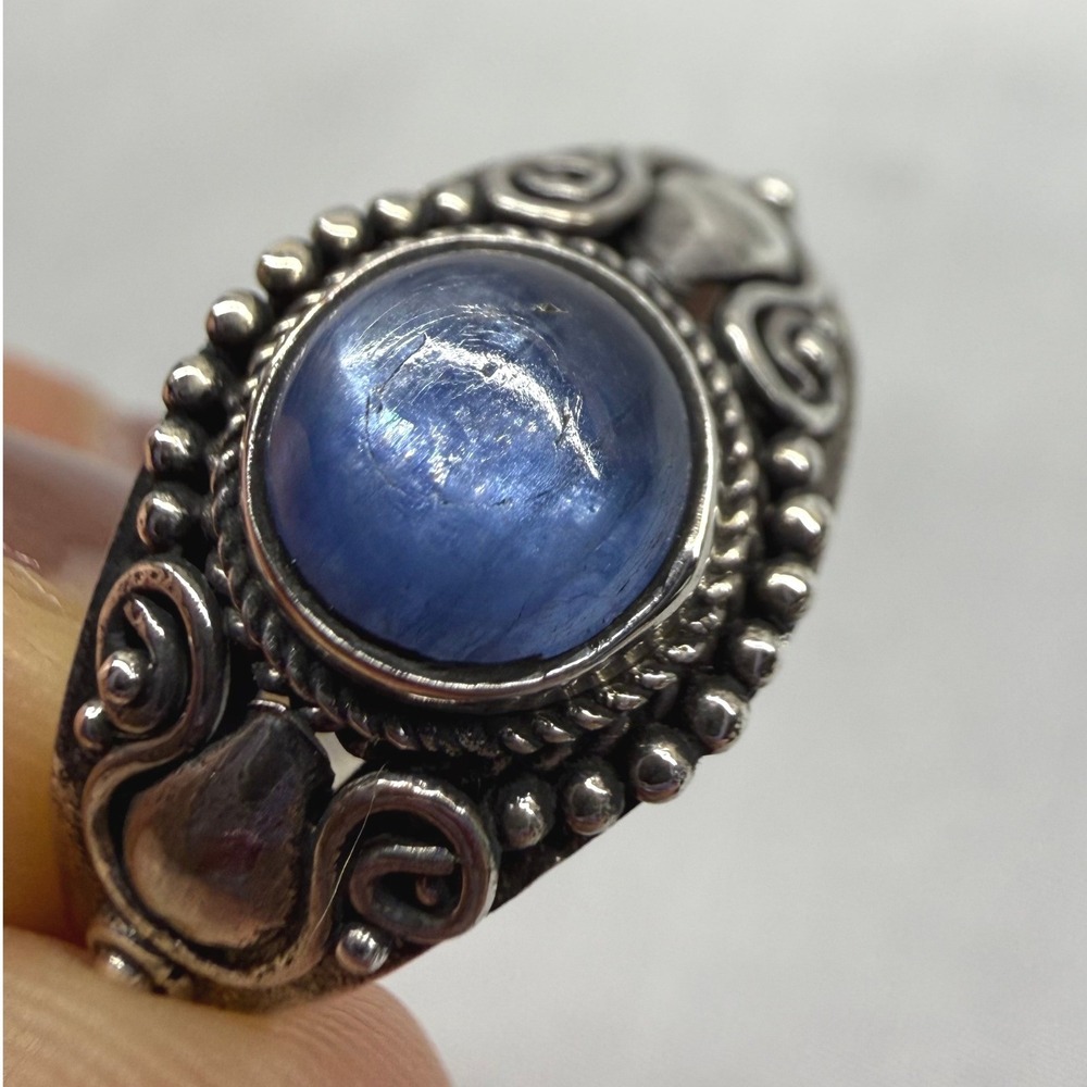 Vintage Blue Cabochon Ornate Ring Womens Size 9 Silver Tone Boho Statement Good